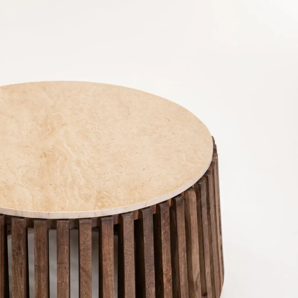 SARI ROUND TRAVERTINE TOP SOLID WOOD COFFEE TABLE