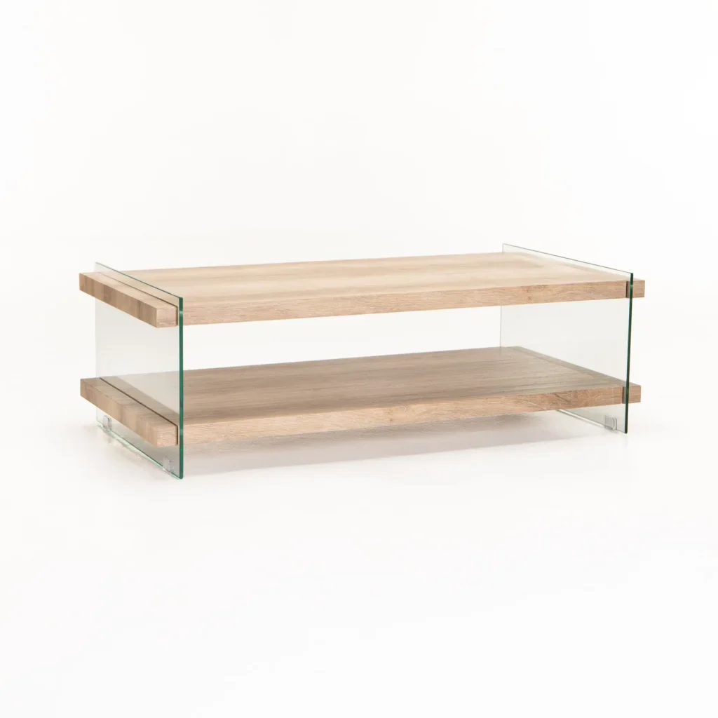 OPAL 110x55cm 8MM TEMPERED GLASS COFFEE TABLE - OAK