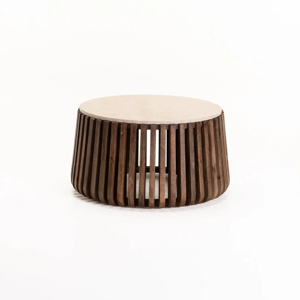 SARI ROUND TRAVERTINE TOP SOLID WOOD COFFEE TABLE