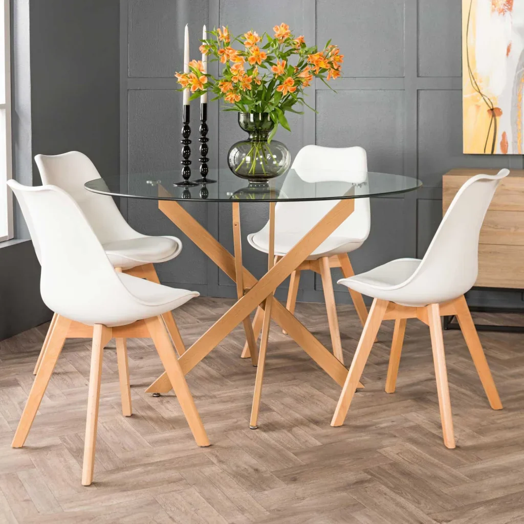 LEN ROUND 10mm GLASS TOP DINING TABLE - BEECH