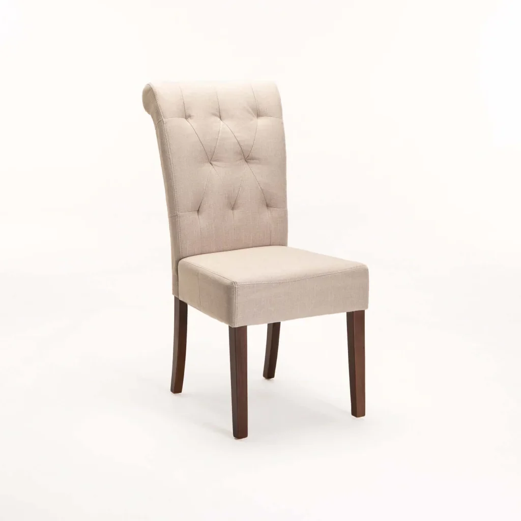 CHESTERFIELD FABRIC DINING CHAIR - CREAM/ WALNUT