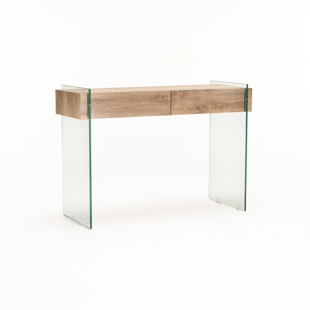 OPAL 110x40cm 12MM TEMPERED GLASS CONSOLE WITH DRAWERS - OAK