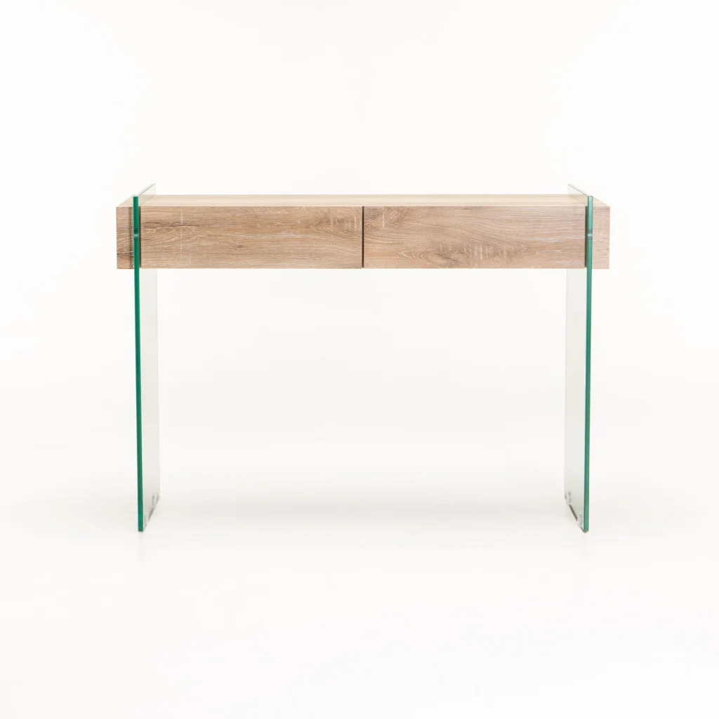 OPAL 110x40cm 12MM TEMPERED GLASS CONSOLE WITH DRAWERS - OAK