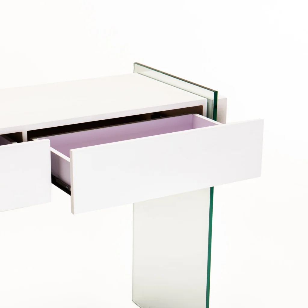 OPAL 110x40cm 12MM TEMPERED GLASS CONSOLE WITH DRAWERS - WHITE