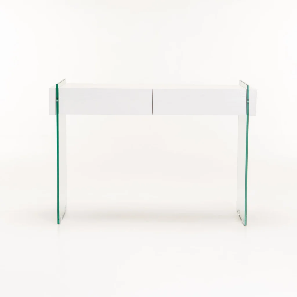 OPAL 110x40cm 12MM TEMPERED GLASS CONSOLE WITH DRAWERS - WHITE