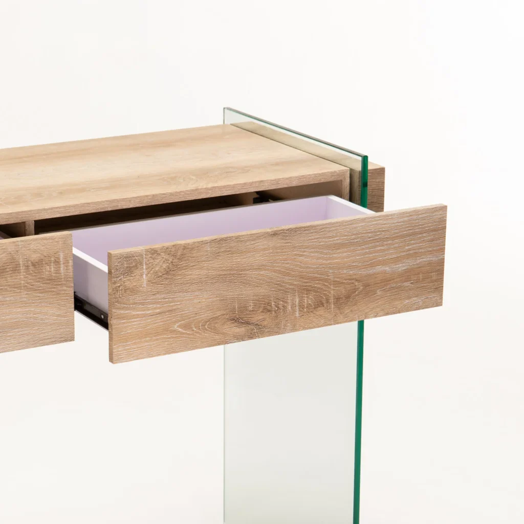 OPAL 110x40cm 12MM TEMPERED GLASS CONSOLE WITH DRAWERS - OAK
